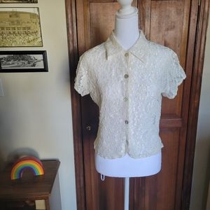 Vintage 90s whimsygoth sheer lace cropped button down button up